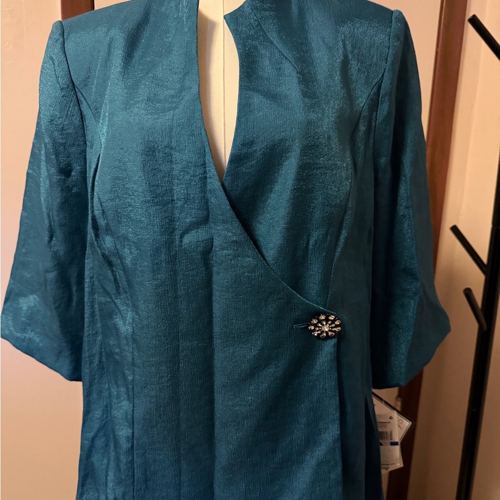 Alex Evenings Teal Shimmer Wrap-Style Jacket